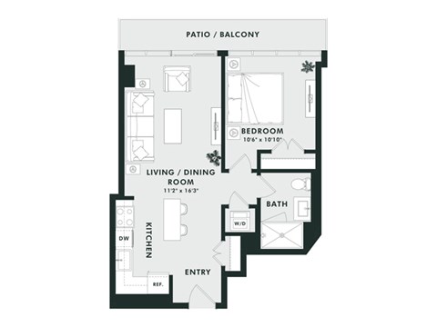 Floor plan for 1 bed, 1 bath, 663 sqft
